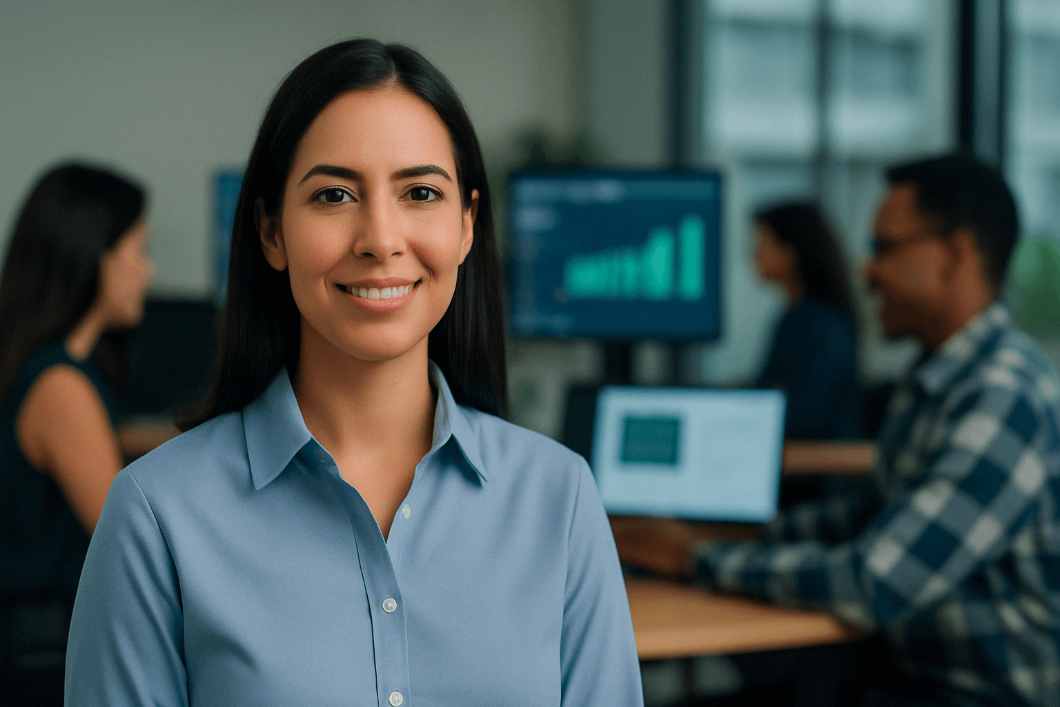 Profesional de capital humano en oficina moderna con equipo de trabajo en segundo plano