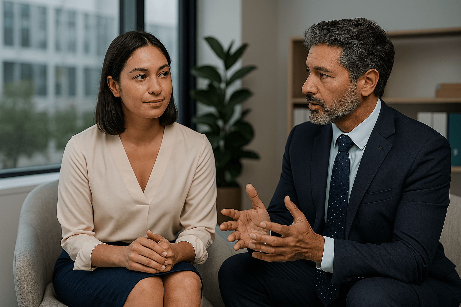 Ejecutivo senior en entrevista de selección con headhunter en oficina corporativa