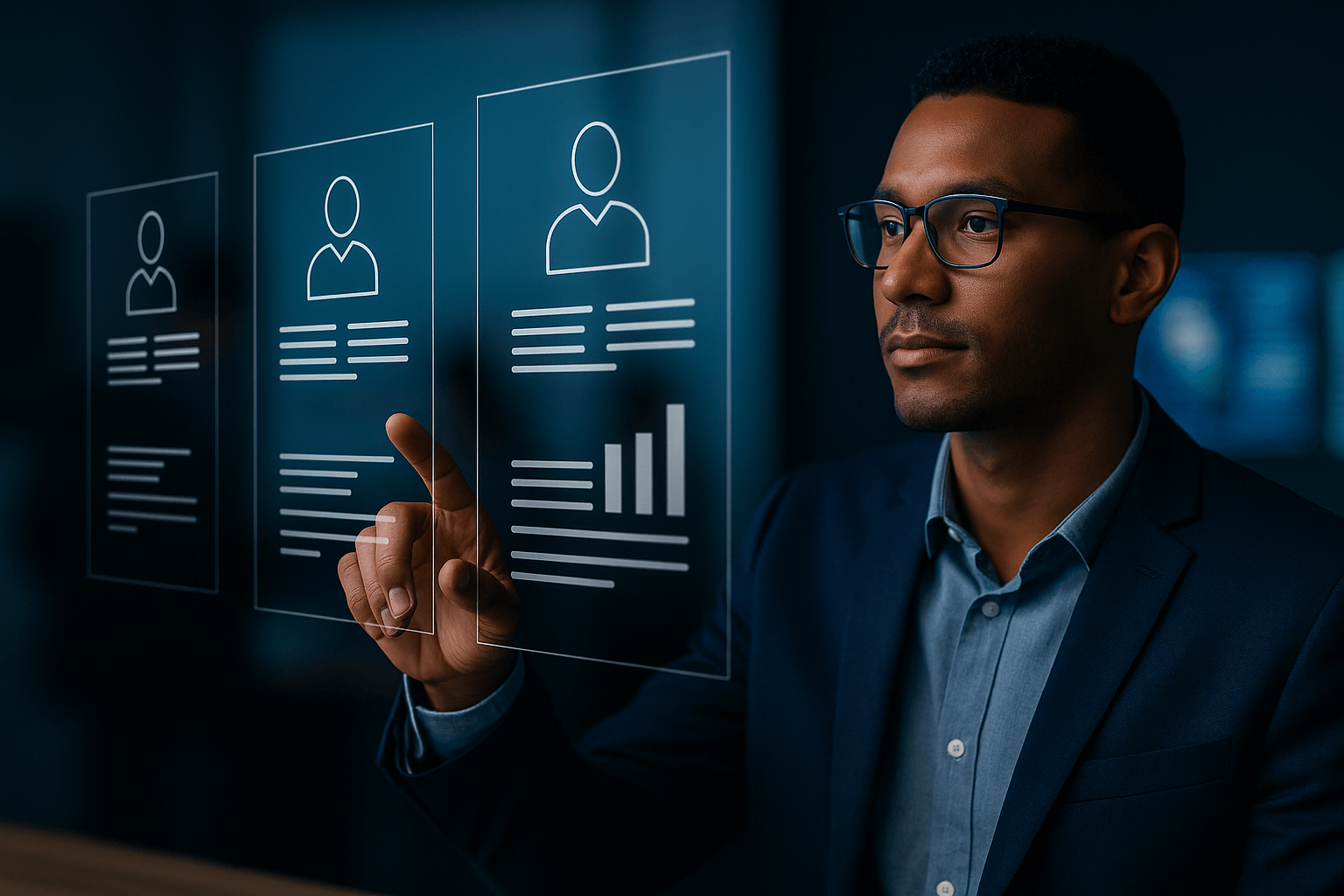 Ejecutivo analizando perfiles digitales para asignación de personal especializado